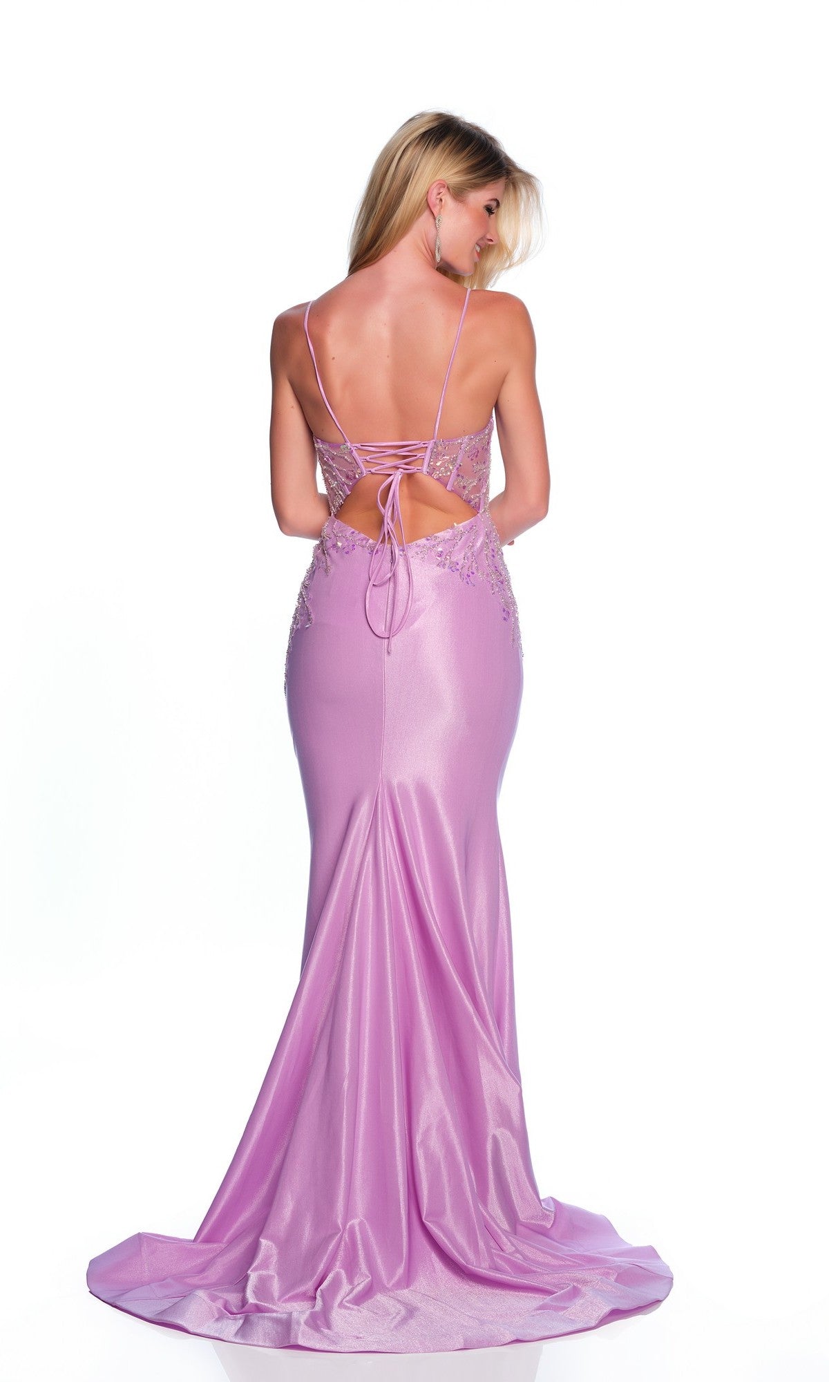 A woman wears the Long Formal Dress 11551 by Dave and Johnny, a floor-length, fitted light purple gown with sequin embroidery and an open lace-up back, standing against a white background.
